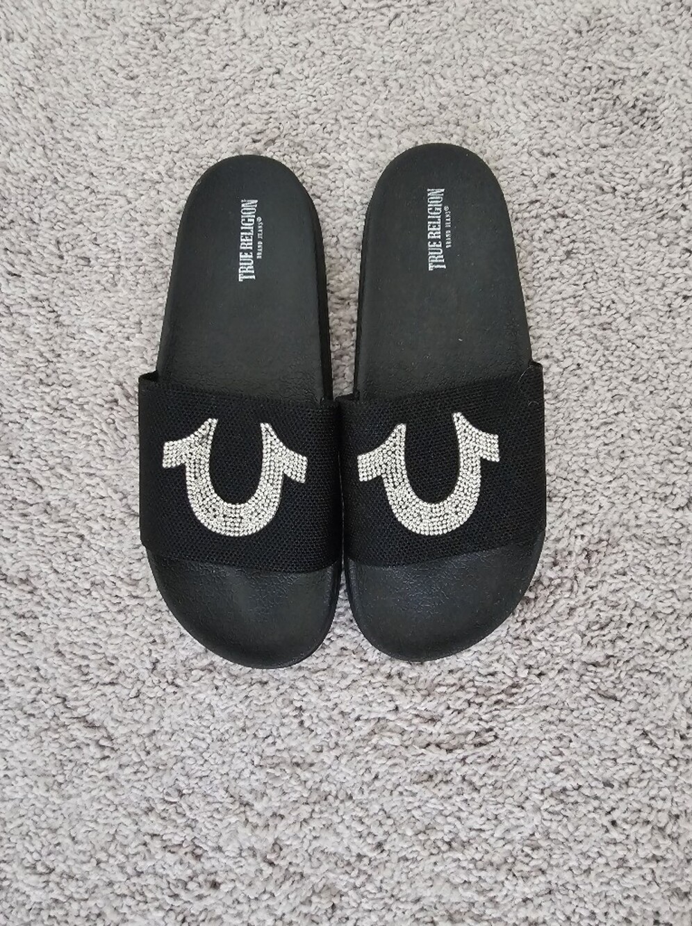 True Religion Black Slide Sandals with Rhinestone Logo Size 10